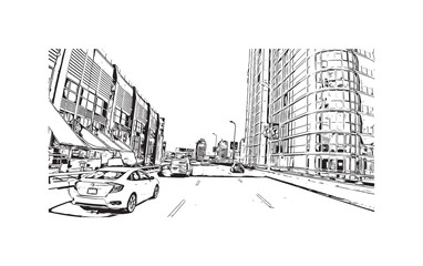 Print Building view with landmark of Vancouver is the city in Western Canada. Hand drawn sketch illustration in vector.