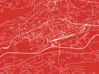 Christmas Map of Aosta, Italy in Snowy White on Festive Red Background.