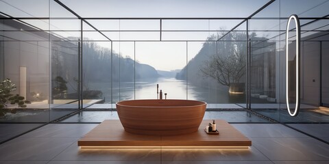 Modern glass bathroom with wooden tub and scenic view of mountains.