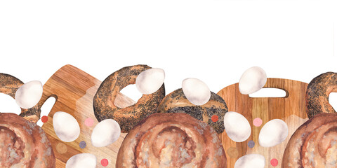 Watercolor ribbon pattern made of watercolor illustrations with buns