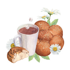 Composition of watercolor illustrations of buns and a cup of tea