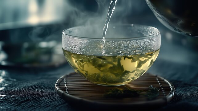 A glass cup of green tea with water being poured over it. The liquid is steaming, and there are some herbs in it. The background has a dark grey tablecloth
