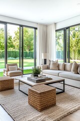 Modern living room with large windows, cozy furniture, and natural light.