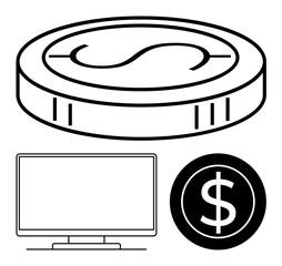 Coin with dollar sign, dollar sign within a circle, and a computer screen. Ideal for fintech, online banking, digital currency, e-commerce, investment strategies, financial planning business growth