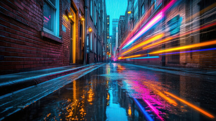 Neon light trails in dark alley with rain reflections create vibrant scene