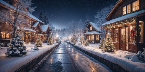 Fototapeta premium Dreamy snowy night with a Christmas vibe in Michigan