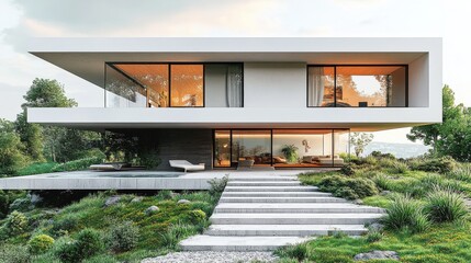 Modern architecture blends with nature at a hillside home in daylight