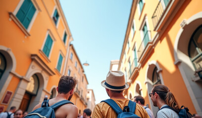 A group of tourists confer in the old town