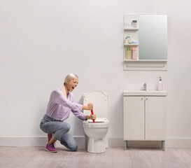 Angry woman unclogging a toilet with a plunger