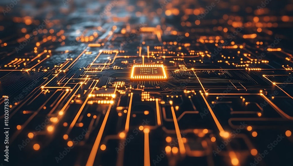 Poster high-resolution close-up of a circuit board with glowing orange lines and intricate patterns
