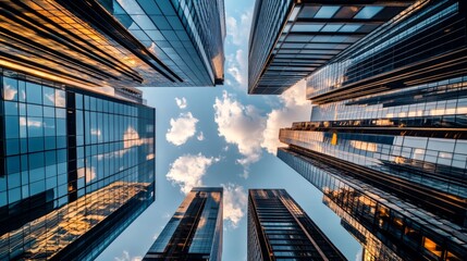 Fototapeta premium From below entrance of the office building next to contemporary high-rise structures Modern skyscrapers with glass mirrored walls and illuminated lights in City against cloud blue sky background