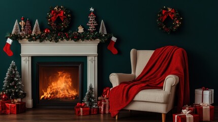 Fototapeta premium Cozy Christmas Living Room with a Decorative Fireplace, Plush Armchair, Cheerful Ornaments, and Festive Accents Creating a Warm Holiday Atmosphere