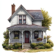 Naklejka premium Charming Victorian house with a picturesque porch and vibrant greenery in the front yard