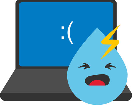 Cartoon laptop with blue screen displaying a sad face, teardrop with lightning bolt and face in front.
