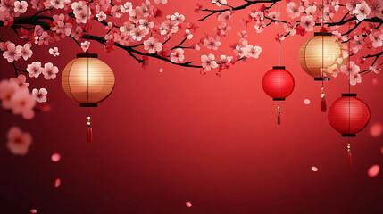 Obraz premium A vibrant cherry blossom illustration with lanterns, ideal for Chinese New Year or spring festivals, offering serene ambiance and ample space for text and logos.