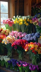 Fototapeta premium Vibrant flower shop filled with fresh daffodils, crocuses, and daisies for spring arrangements