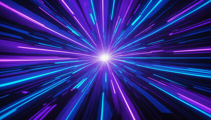 Neon Speed Lines: A mesmerizing digital abstract of vibrant neon blue and purple lines converging towards a central white light, evoking a sense of rapid movement and futuristic energy.  