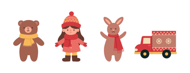 Children toys set with bear, doll, rabbit and car. Gifts from Santa Claus for boy and girl. Winter toys for kids. Vector flat illustration isolated on white background