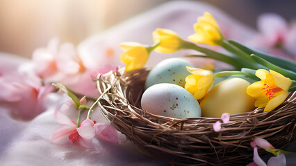 Obraz premium Easter composition of colored eggs in a basket and beautiful flowers on a light background