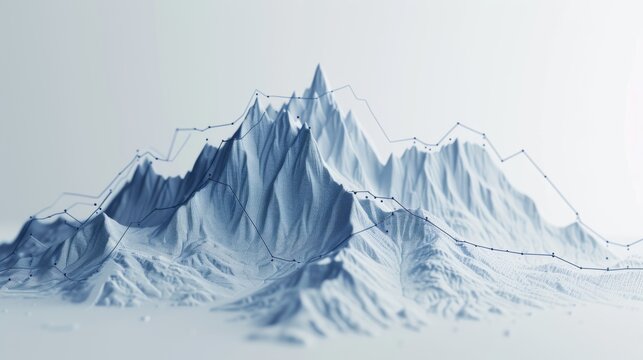 A detailed 3D rendering of a polygonal mountain range in monochromatic blue tones with an overlaid chart. The abstract landscape and data lines evoke themes of analysis, technology, and digital