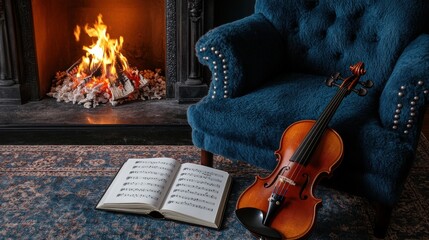 Cozy Scene with Violin, Sheet Music, and Warm Fireplace Perfect for Music Lovers and Home Decor,...