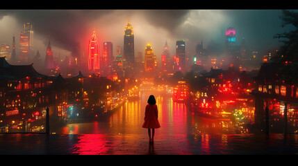Fototapeta premium City skyline illuminated at night with vibrant lights and a lone figure overlooking the waterfront in a urban landscape. Generative AI