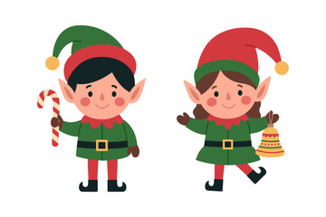 Two cute little elves. Santa Claus helpers. Boy with candy cane and girl with bell in green and red costumes and hats. Christmas characters. Vector flat illustration isolated on white background