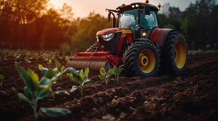 Modern Red Tractor Plowing Field at Sunset, Emphasizing Agricultural Technology and Sustainable Farming Practices