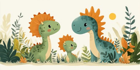 Happy Dinosaur Family Among Lush Tropical Plants