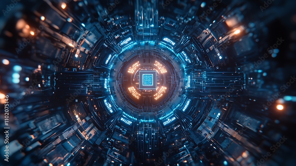 Poster intricate blue circuitry design with illuminated patterns showcasing modern technology and digital a
