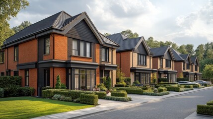 Newly constructed homes line a quiet suburban street on a sunny afternoon