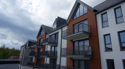 Obraz premium Modern residential building with multiple balconies in a suburban area near greenery