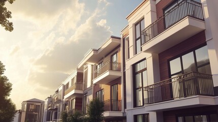 Obraz premium Modern apartment buildings under a cloudy sky during sunset in an urban setting