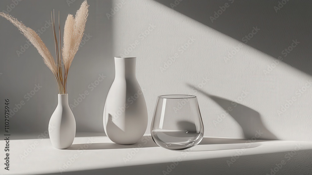 Poster minimalist product display featuring elegant vases and glassware in bright studio environment for ho