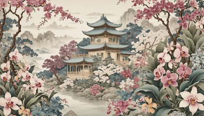 Tranquility in the Garden: A serene and picturesque Chinese garden, featuring a traditional pagoda nestled among lush greenery, flowing water, and vibrant orchids.