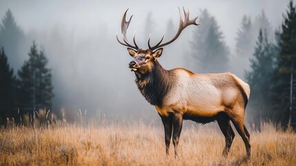 Majestic Elk in Misty Mountain Meadow: A Breathtaking Wildlife Encounter in the Wild
