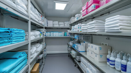 well organized hospital storage room with shelves stocked with medical supplies, including towels, boxes, and bottles, ensuring efficient access for healthcare professionals