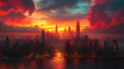 Fototapeta premium Dramatic sunset over a vibrant skyline with reflections in water from a bustling city. Generative AI