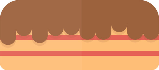 Minimalistic cake illustration with light brown base, two red layers, and dripping chocolate frosting.
