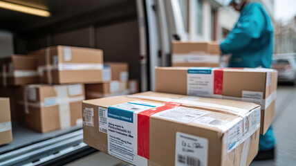 Boxes with medical supplies are being loaded into delivery van by person in blue uniform, indicating medical supply delivery service. scene suggests efficient logistics and healthcare support