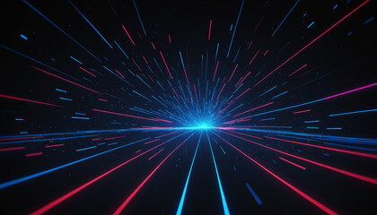 Naklejka premium Hyperspace Highway: Abstract digital art depicting a vibrant, futuristic highway stretching into a boundless cosmos. Neon blue and red lines converge at a vanishing point.