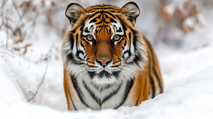 Obraz premium Majestic Tiger Crouching in Snowy Landscape