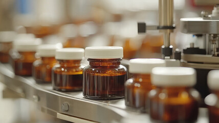 Brown glass bottles on pharmaceutical production line convey sense of precision and efficiency. machinery fills and seals each container with accuracy