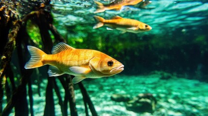 Naklejka premium mangrove forest restoration concept, Diverse Aquatic Life in the Shade of Mangrove Roots Underwater