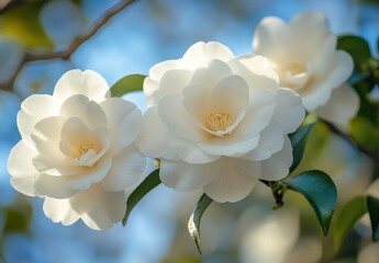 Fototapeta premium Delicate White Blooming Flowers with Soft Petals and Green Leaves on a Branch Under a Clear Sky in Springtime, Symbolizing Beauty and Freshness of Nature