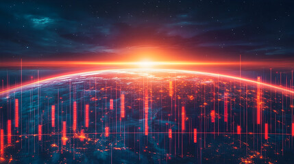 Sunrise over a digital horizon earth futuristic landscape global connectivity aerial view technology and nature fusion