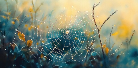Dewdrops Adorn a Spiders Web in Autumn Meadow