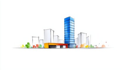 Sustainable urban planning is symbolized by modern green buildings surrounded by trees.