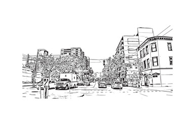 Print Building view with landmark of Vancouver is the city in Western Canada. Hand drawn sketch illustration in vector.