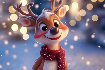 A whimsical Christmas cartoon illustration of a cute reindeer with a red nose wearing a Santa hat, frolicking in the snow